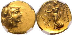 ANCIENT GREECE. KINGDOM OF MACEDON. Alexander III 'the Great'. 
Gold stater, dated RY 10 of Abdalonymos = 324/3 BC. Sidon. 
Struck under Menes. Obv:...