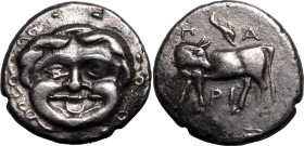 ANCIENT GREECE. MYSIA, PARION. 
Silver hemidrachm, 4th century BC. 
Obv: bull standing left, head right; &Pi;A-PI above and below, dolphin below. Re...