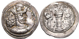 ANCIENT GREECE. SASANIAN KINGDOM. Shapur II. 
Silver drachm, circa AD 309-379. Uncertain Mint. 
Obv: bearded bust right, wearing turreted headdress;...
