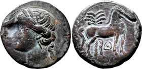 ANCIENT CARTHAGE. 
Bronze trishekel, circa 221-202 BC. 
Second Punic War issue. Obv: wreathed head of Tanit left. Rev: horse standing right; palm tr...