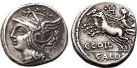 ROMAN REPUBLIC & IMPERATORIAL. C. Coelius Caldus. 
Silver denarius, 104 BC. Rome. 
Obv: helmeted head of Roma left. Rev: Victory driving biga left; ...