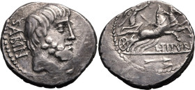 ROMAN REPUBLIC & IMPERATORIAL. L. Titurius L. f. Sabinus. 
Silver denarius, 89 BC. Rome. 
Obv: SABIN, bearded head of Tatius (Sabine king) right. Re...