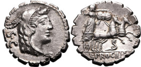 ROMAN REPUBLIC & IMPERATORIAL. L. Procilius. 
Silver serrate denarius, 80 BC. Rome. 
Obv: head of Juno Sospita right, wearing goat-skin; S&bull;C do...