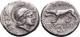 ROMAN REPUBLIC & IMPERATORIAL. P. Satrienus. 
Silver denarius, 77 BC. Rome. 
Obv: Helmeted head of Roma right; XXXII (control numeral) behind. Rev: ...