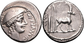 ROMAN REPUBLIC & IMPERATORIAL. Cn. Plancius. 
Silver denarius, 55 BC. Rome. 
Obv:CN&bull;PLANCIVS AED&bull;CVR&bull;S&bull;C, head of Diana Plancian...