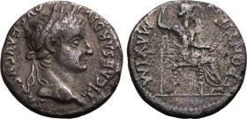 ROMAN EMPIRE. Tiberius. 
Silver denarius, AD 14-37. Lugdunum. 
TI CAESAR DIVI AVG F AVGVSTVS, laureate head right. Rev: PONTIF MAXIM, Livia (as Pax)...