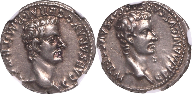 ROMAN EMPIRE. Caligula with Germanicus. 
Silver denarius, AD 37-38. Lugdunum (L...