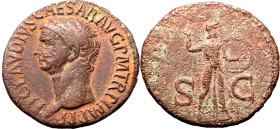 ROMAN EMPIRE. Claudius. 
Bronze as, AD 50-54. Rome. 
Obv: TI CLAVDIVS CAESAR AVG P M TR P IMP P P, bare head left. Rev: Minerva hurling javelin righ...