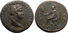 ROMAN EMPIRE. Nero. 
Bronze sestertius, AD 66. Rome. 
Obv: IMP NERO CLAVD CAESAR AVG GER P M TR P P P, laureate head right. Rev: ROMA, Roma seated l...