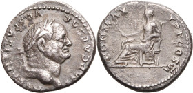 ROMAN EMPIRE. Vespasian. 
Silver denarius, AD 75. Rome. 
Obv: IMP CAESAR VESPASIANVS AVG, laureate head right. Rev: PON MAX TR P COS VI, Pax seated ...