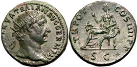 ROMAN EMPIRE. Trajan. 
Bronze dupondius, AD 101-102. Rome. 
Obv: IMP CAES NERVA TRAIAN AVG GERM P M, radiate bust right, slight drapery on left shou...
