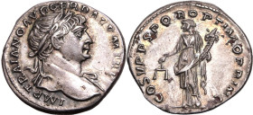 ROMAN EMPIRE. Trajan. 
Silver denarius, AD 108-109. Rome. 
Obv: IMP TRAIANO AVG GER DAC P M TR P, laureate head right, slight drapery on far shoulde...