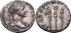 ROMAN EMPIRE. Trajan. 
Silver denarius, AD 112-114. Rome. 
Obv: IMP TRAIANO AVG GER DAC P M TR P COS VI P P, laureate head right, drapery on far sho...