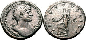 ROMAN EMPIRE. Hadrian. 
Bronze dupondius, AD 119-120. Rome. 
Obv: IMP CAESAR TRAIANVS HADRIANVS AVG P M TR P COS III, radiate head right, with heroi...