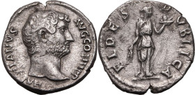 ROMAN EMPIRE. Hadrian. 
Silver denarius, AD 136. Rome. 
Obv: HADRIANVS AVG COS III P P, bare head right. Rev: FIDES PVBLICA, Fides standing right, h...