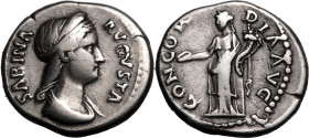 ROMAN EMPIRE. Sabina (wife of Hadrian). 
Silver denarius, AD 136. Rome. 
Obv: SABINA AVGVSTA, diademed and draped bust right. Rev: CONCORDIA AVG, Co...