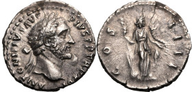 ROMAN EMPIRE. Antoninus Pius. 
Silver denarius, AD 152-153. Rome. 
Obv: ANTONINVS AVG PIVS P P TR P XVI, laureate head right. Rev: COS IIII, Fortuna...