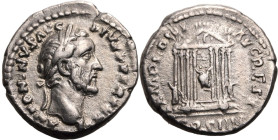 ROMAN EMPIRE. Antoninus Pius. 
Silver denarius, AD 157-158. Rome. 
Obv: ANTONINVS AVG PIVS PP TRP XXI, laureate head right. Rev: TEMPLVM DIV AVG RES...