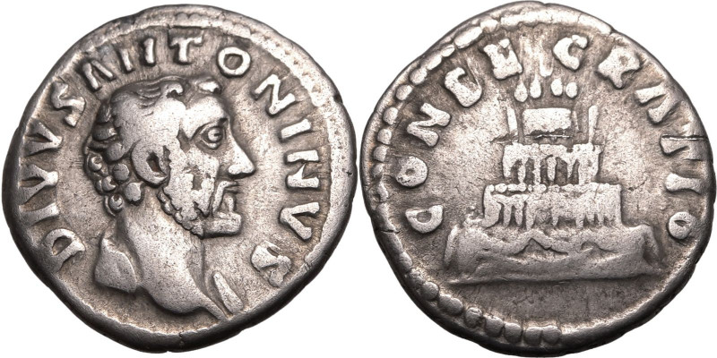 ROMAN EMPIRE. Divus Antoninus Pius. 
Silver denarius, AD 161. Rome. 
Obv: DIVV...