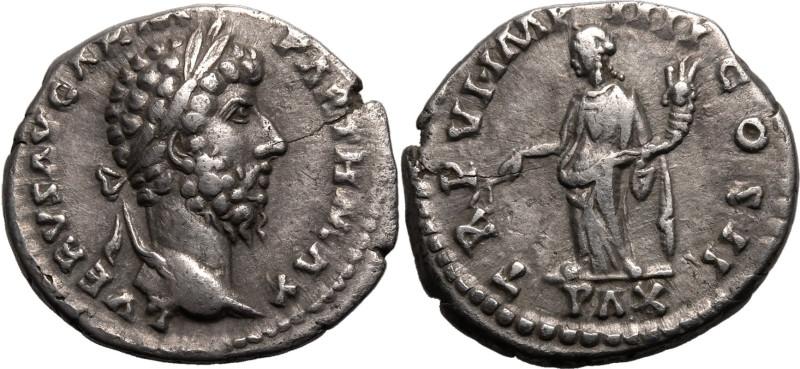 ROMAN EMPIRE. Lucius Verus. 
Silver denarius, AD 166. Rome. 
Obv: L VERVS AVG ...