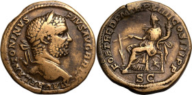 ROMAN EMPIRE. Caracalla. 
Bronze sestertius, AD 211. Rome. 
Obv: M AVREL ANTONINVS PIVS AVG BRIT, laureate head right. Rev: FORT RED P M TR P XIIII ...
