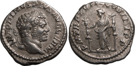 ROMAN EMPIRE. Caracalla. 
Silver denarius, AD 215. Rome. 
Obv: ANTONINVS PIVS AVG GERM , laureate head right. Rev: P M TR P XVIII COS IIII P P, Fide...