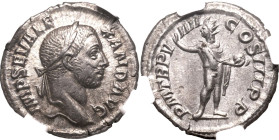 ROMAN EMPIRE. Severus Alexander. 
Silver denarius, AD 230. Rome. 
Obv: IMP SEV ALEXAND AVG, laureate head right. Rev: P M TR P VIIII COS III P P, So...