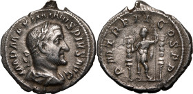 ROMAN EMPIRE. Maximinus I. 
Silver denarius, AD 236. 
Obv: IMP MAXIMINVS PIVS AVG, laureate, draped and cuirassed bust right. Rev: P M TR P II COS P...