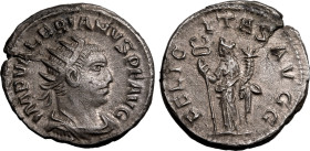 ROMAN EMPIRE. Valerian I. 
Silver antoninianus, AD 257-259. Antioch. 
Obv: IMP VALERIANVS AVG, radiate, draped and cuirassed bust right. Rev: FELICI...