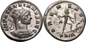 ROMAN EMPIRE. Aurelian. 
Billon antoninianus, AD 275. Rome. 
Obv: IMP AVRELIANVS AVG, radiate and cuirassed bust right. Rev: ORIENS AVG, Sol advanci...