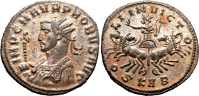 ROMAN EMPIRE. Probus. 
Billon antoninianus, AD 280-281. Serdica. 
Obv: IMP C M AVR PROBVS AVG, radiate and mantled bust left, holding eagle-tipped s...