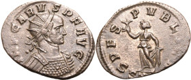 ROMAN EMPIRE. Carus. 
Billon antoninianus, AD 282-283. Ticinum. 
Obv: IMP CARVS P F AVG, radiate and cuirassed bust right. Rev: SPES PVBLICA, Spes w...