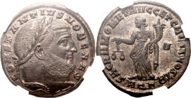 ROMAN EMPIRE. Constantius I (Caesar). 
Billon nummus, AD 301. Aquileia. 
Obv: CONSTANTIVS NOB CAES, laureate head right. Rev: SACRA MONET AVGG ET CA...
