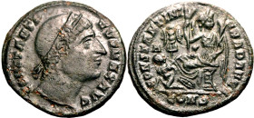 ROMAN EMPIRE. Constantine I 'the Great'. 
Billon nummus, AD 328. Constantinople. 
Obv: CONSTANTINVS MAX AVG, rosette-diademed head right, gazing upw...