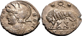 ROMAN EMPIRE. Commemorative Issue. 
Billon nummus, AD 333-334. Treveri. 
Struck under Constantine I 'the Great'. Obv: VRBS ROMA, helmeted bust left....