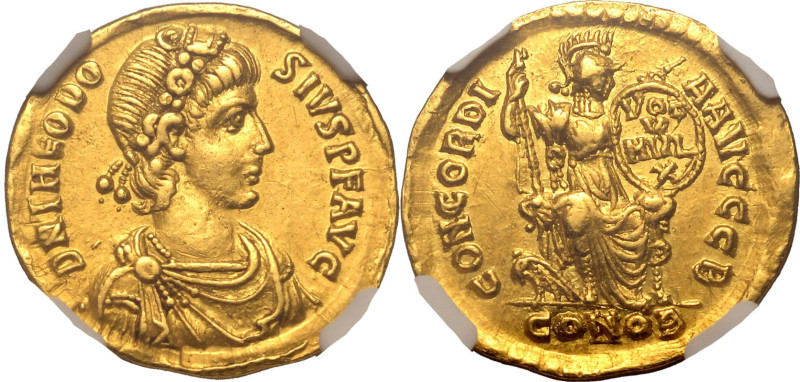 ROMAN EMPIRE. Theodosius I. 
Gold solidus, AD 378-383. Constantinople. 
Obv: D...