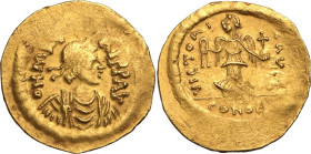 BYZANTINE EMPIRE. Maurice Tiberius. 
Gold semissis, AD 583-602. Constantinople. 
Obv: D N MAVRI P P AV (sic), diademed, draped and cuirassed bust ri...