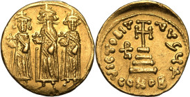 BYZANTINE EMPIRE. Heraclius. 
Gold solidus, AD 639-641. Constantinople. 
Obv: Heraclius flanked by Heraclius Constantine and Heraclonas, all standin...