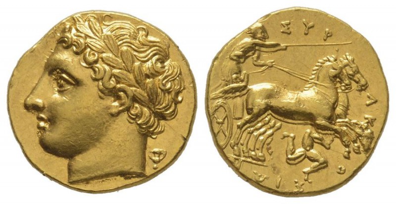 Sicily. Syracuse, gold decadrachm, 317-289 BC
AU 4.30 g.
Ref : BMC 339 EF. Edge ...