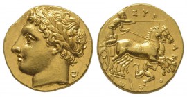 Sicily. Syracuse, gold decadrachm, 317-289 BC
AU 4.30 g.
Ref : BMC 339 EF. Edge knocks.
Provenance: Gemini, 3, 09.01.2007, NY, lot 77