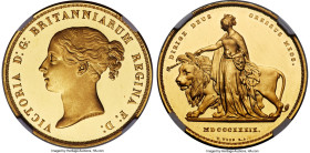 Victoria gold Proof "Una and the Lion" 5 Pounds 1839 PR62 Ultra Cameo NGC, KM742, S-3851, W&R-278 (R4), Marsh-F23 (R3). Medal alignment. DECUS ET TUTA...