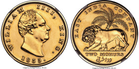 British India. William IV gold Proof Restrike 2 Mohurs 1835-.(C) PR62 NGC, Calcutta mint, KM452.1, S&W-1.4, Prid-3. Reeded edge. A collectible multipl...