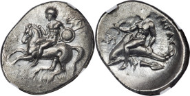 CALABRIA. Tarentum. Ca. 302-281 BC. AR didrachm (25mm, 7.83 gm, 6h). NGC Choice AU 4/5 - 5/5, Fine Style. Nikon, Ey-, and Ari-, magistrates. Nude warr...