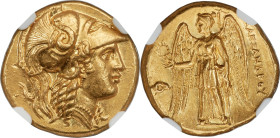 MACEDONIAN KINGDOM. Alexander III the Great (336-323 BC). AV stater (17mm, 8.60 gm, 12h). NGC Choice AU 5/5 - 4/5, Fine Style. Lifetime issue of Magne...