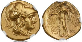 MACEDONIAN KINGDOM. Alexander III the Great (336-323 BC). AV stater (19mm, 8.52 gm, 5h). NGC AU 5/5 - 4/5, Fine Style. Posthumous issue of Babylon, un...