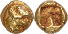 IONIA. Phocaea(?). Ca. 625-600 BC. EL 1/24 stater or myshemihecte (6mm, 0.68 gm). NGC Choice VF 5/5 - 5/5. Head of griffin right on raised disc / Incu...