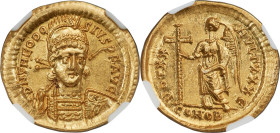 Theodosius II, Eastern Roman Empire (AD 402-450). AV solidus (21mm, 4.48 gm, 5h). NGC MS 5/5 - 4/5. Constantinople, 5th officina, AD 420-422. D N THEO...