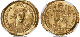 Theodosius II, Eastern Roman Empire (AD 402-450). AV solidus (22mm, 4.46 gm, 7h). NGC MS 5/5 - 4/5. Constantinople, 5th officina, ca. AD 408-420. D N ...