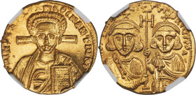 Justinian II Rhinotmetus, Second Reign, with Tiberius (AD 705-711). AV solidus (19mm, 4.51 gm, 5h). NGC MS 4/5 - 2/5, bent, edge scuffs. Constantinopl...