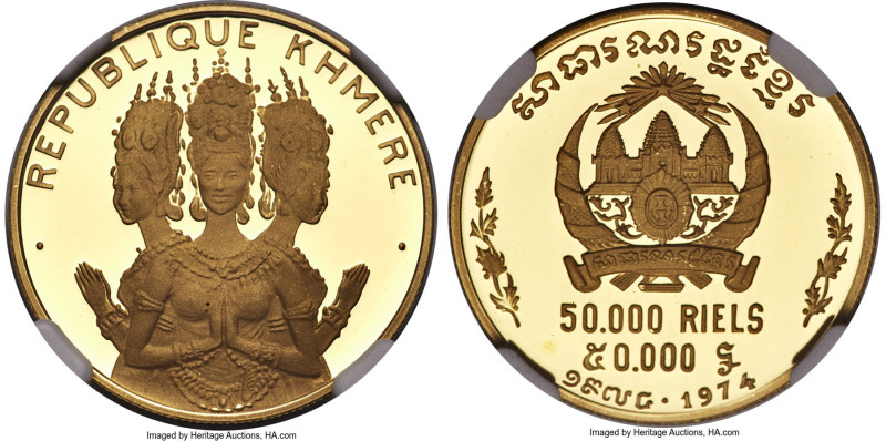 Republic gold Proof "Cambodian Dancers" 50000 Riels 1974 PR69 Ultra Cameo NGC, K...